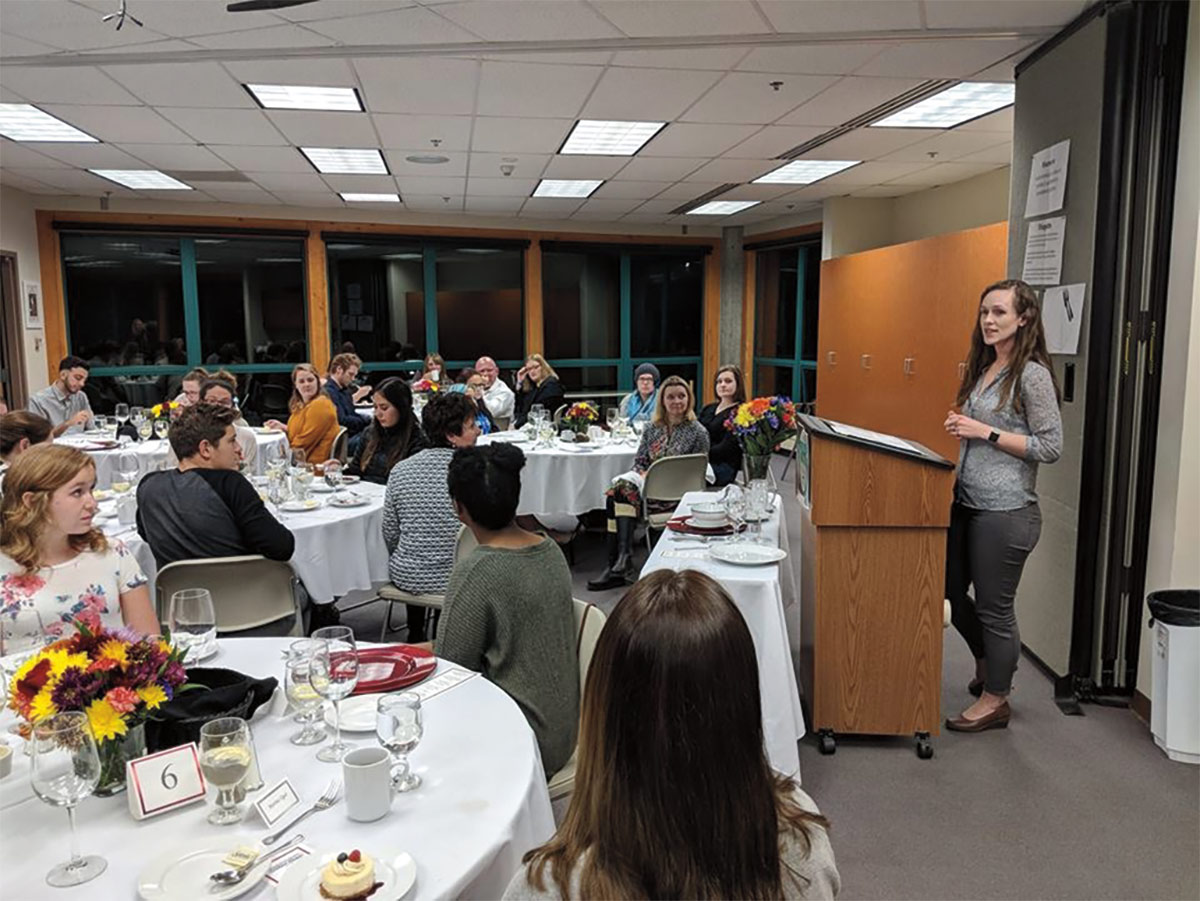 Ashley Snooks from Spruce Root speaks at the Student Alumni Association Business Etiquette dinner at the University of Alaska Southeast.