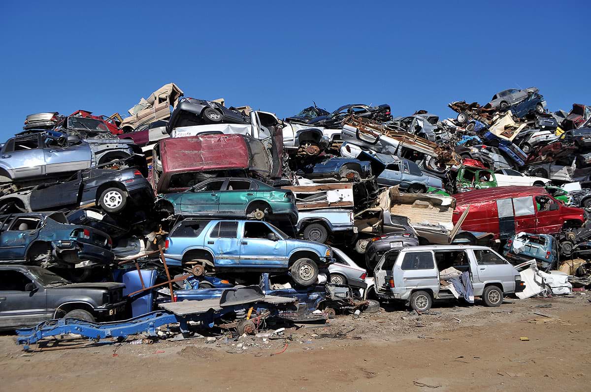 A mountain of junked cars at K&K Recycling in North Pole