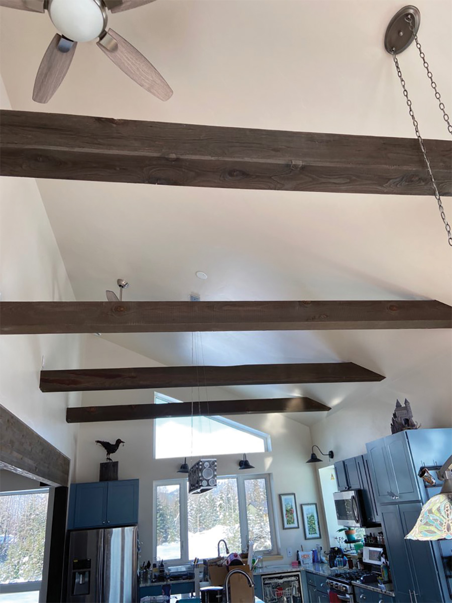 wooden bearings on ceiling in kitchen
