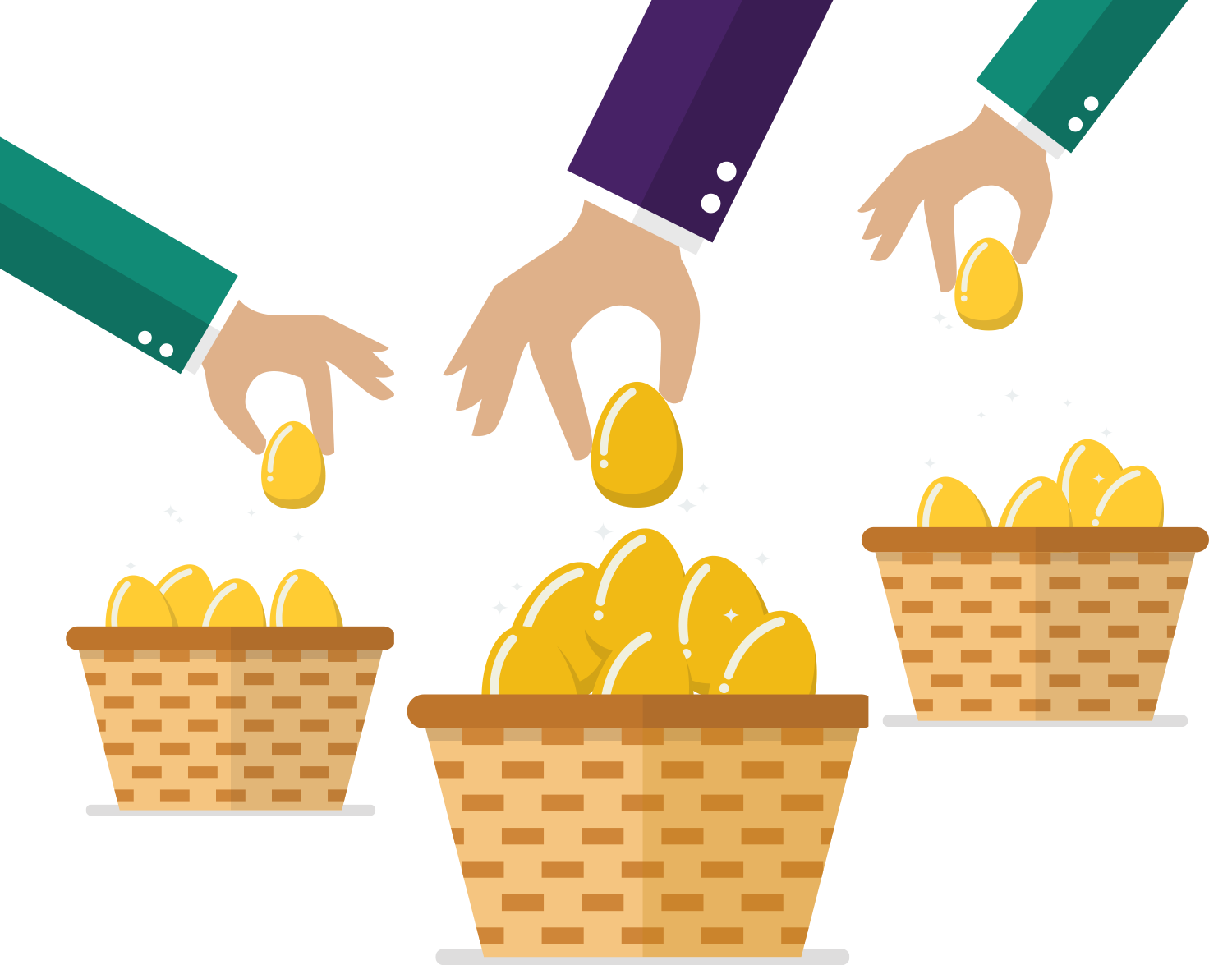 Illustration of hands putting golden eggs in baskets