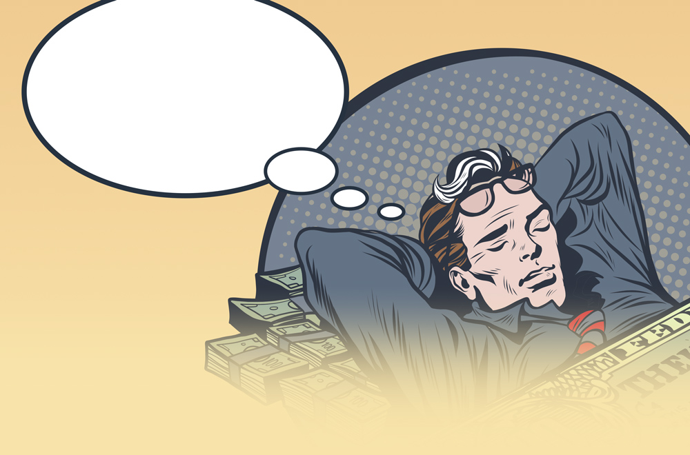 illustration of man sleeping on money
