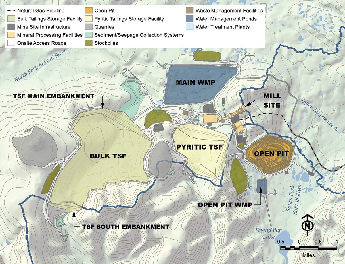 A graphic from the Pebble Mine EIS shows the layout of the proposed project’s facilities.