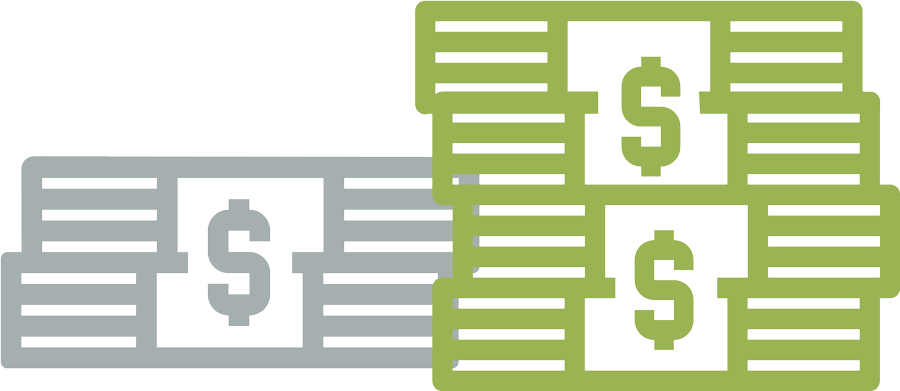 clipart of larger stack of green money against smaller stack of gray money