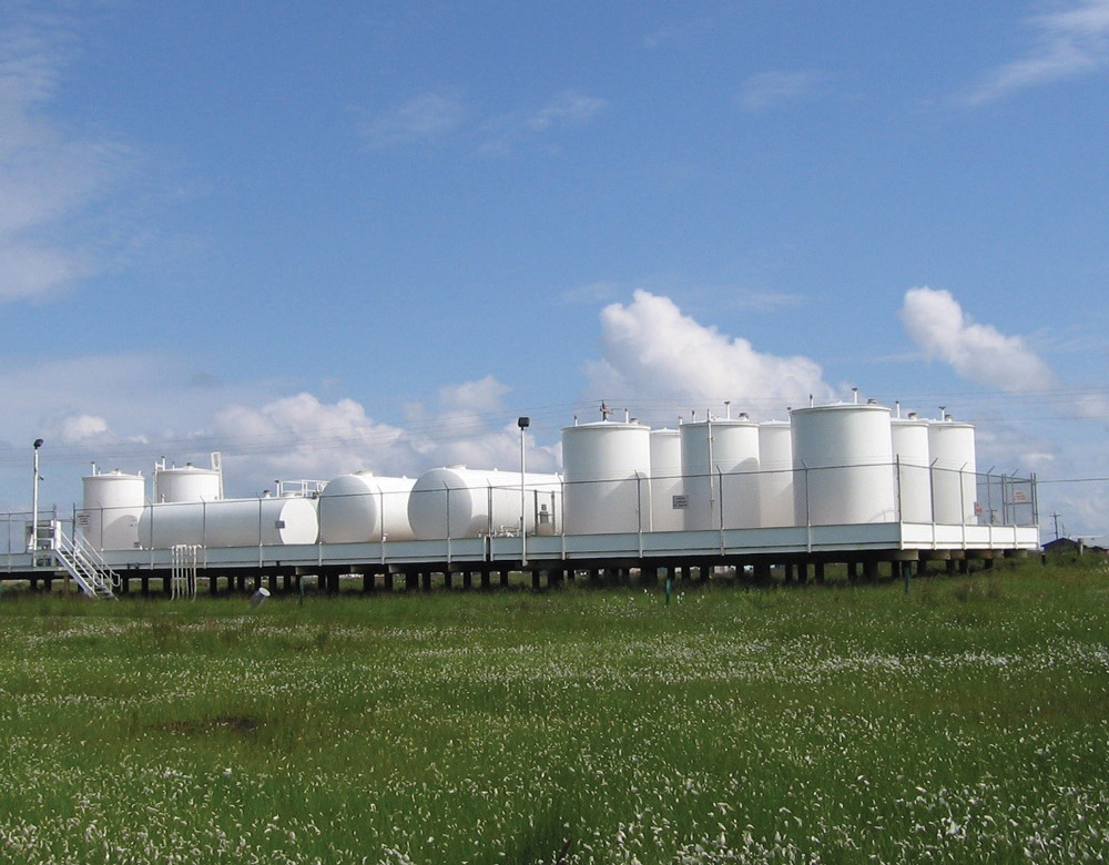 The Atmautluak tank farm is centrally located near the town’s power plant and contains nine vertical and seven horizontal fuel tanks.