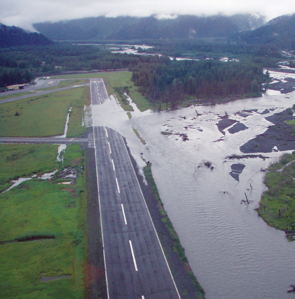 Aerial view of Resurrection River as it spills onto the runway of the Seward Airport in 2013