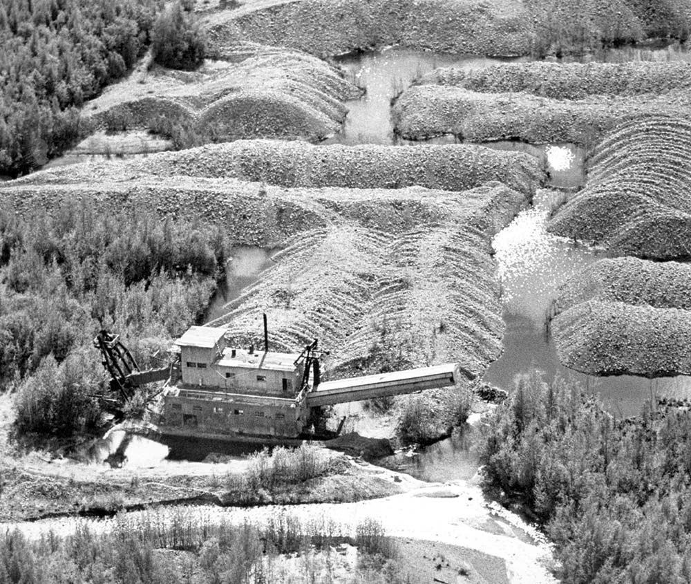 Aerial black and white view of Woodchopper Dredge