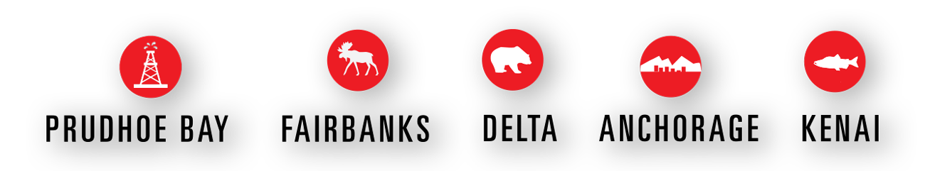 Prudhoe Bay, Fairbanks, Delta, Anchorage, and Kenai icons