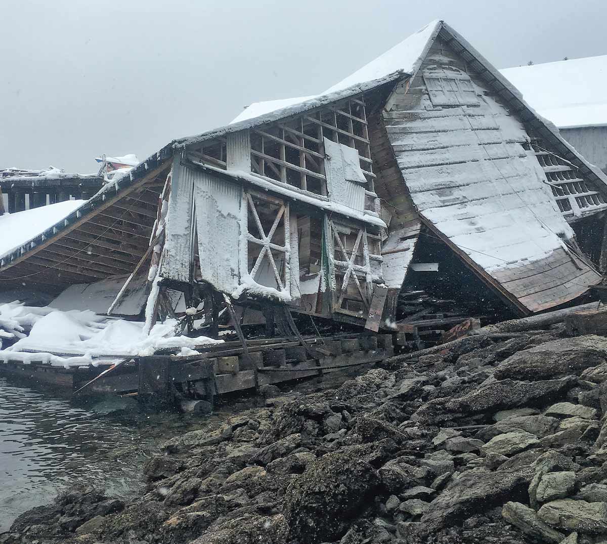 A dock structure collapsed in the winter