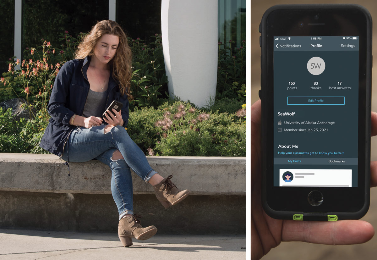 woman on her mobile device using the WolfTracks App