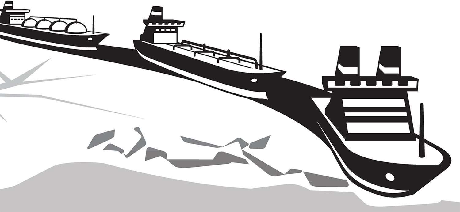 A line of ships in the ocean graphic