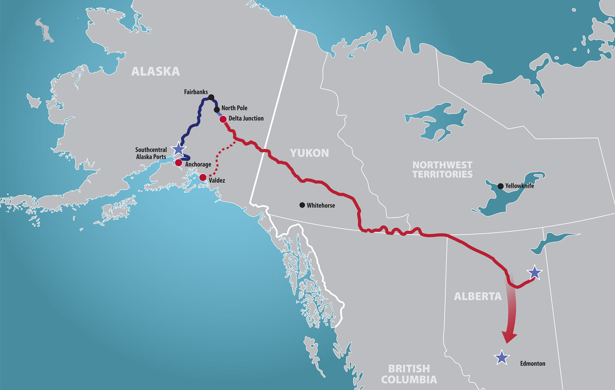 map of the upper northwest of North America displaying the tracks from Alaska to Alberta