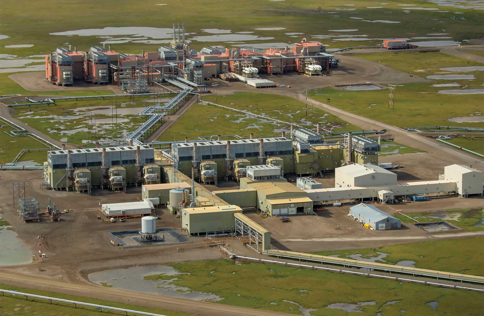 aerial view of the Central Compression Plant (foreground) and Central Gas Facility (background) at Prudhoe Bay