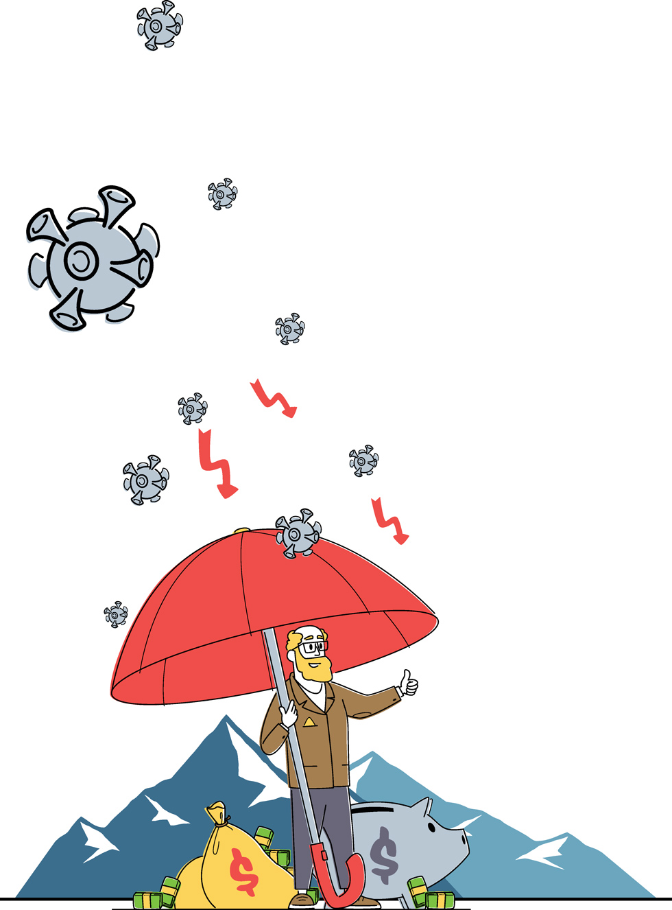 clipart with man standing under an umbrella protecting bags of money while it rains coronavirus