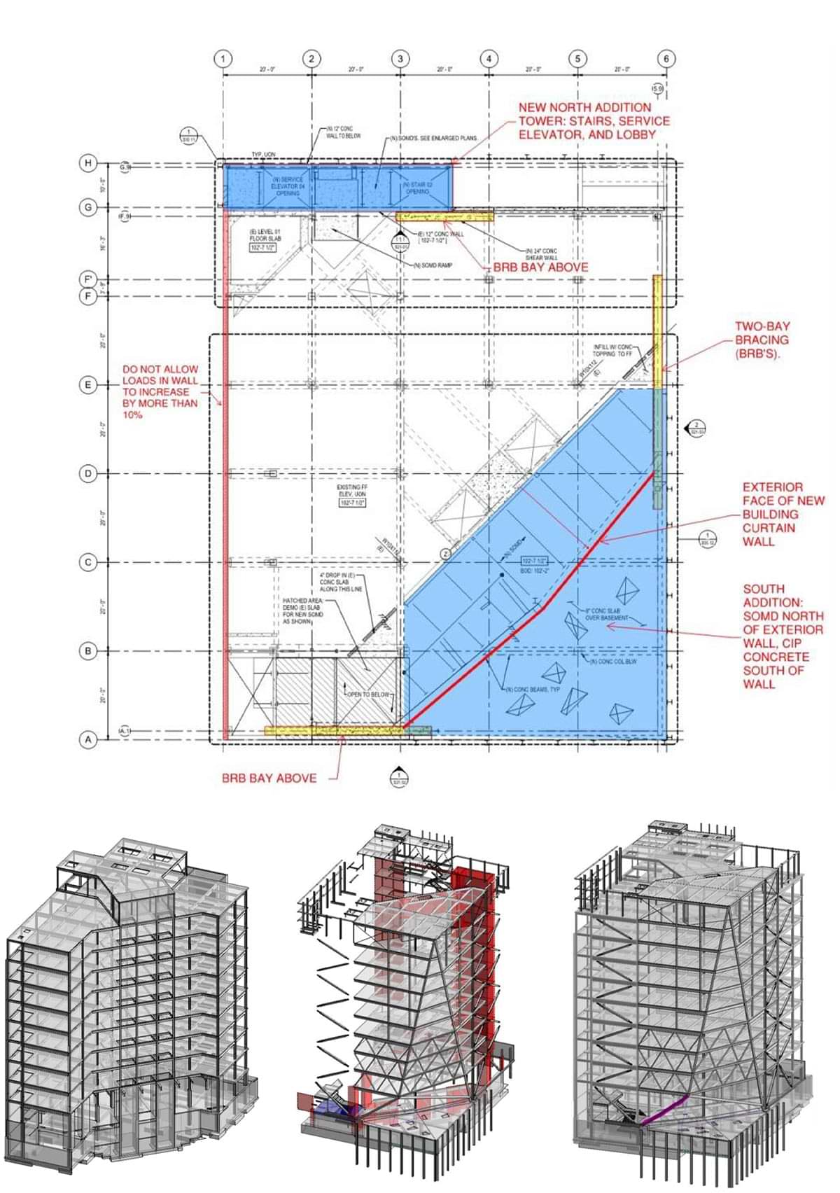 Above: a presentation slide shows, contruction work done to 601 W. Fifth; Bottom: the former shape of the building; added elements (minus demolished elements in red); and highlighted in purple, the “Jenga Column”