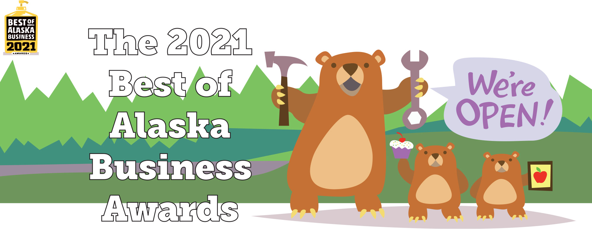The 2021 Best of Alaska Business Awards title with clipart of three bears golding tools, a cupcake, and a painting of an apple