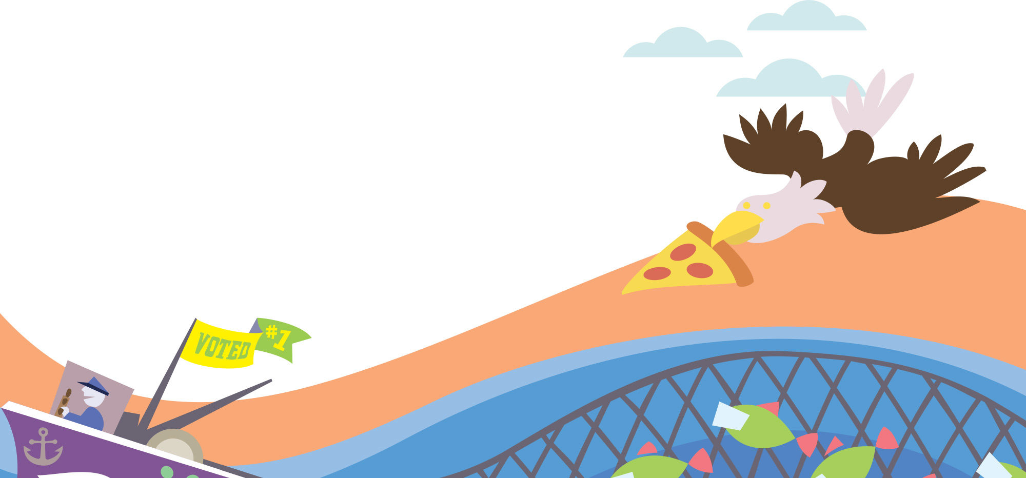 digital illustration of a bird flying with a piece of pizza in its mouth and a boat with a 'Voted #1' flag