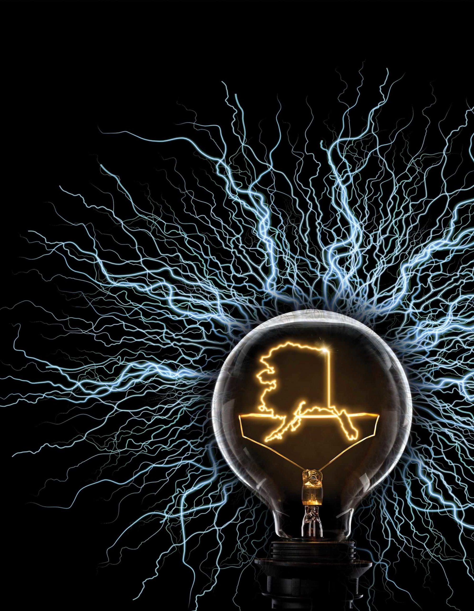 a lightbulb with the Alaskan state illuminated at its center emits many sparks of electricity