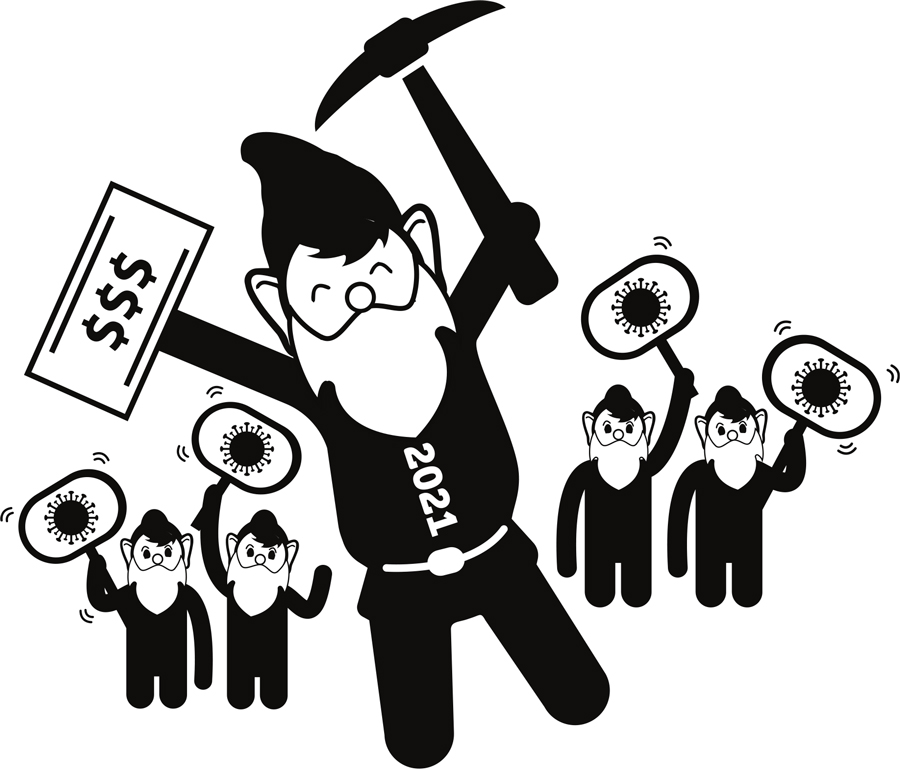 4 dwarves holding covid signs and one dwarf holding a pick axe and a money sign