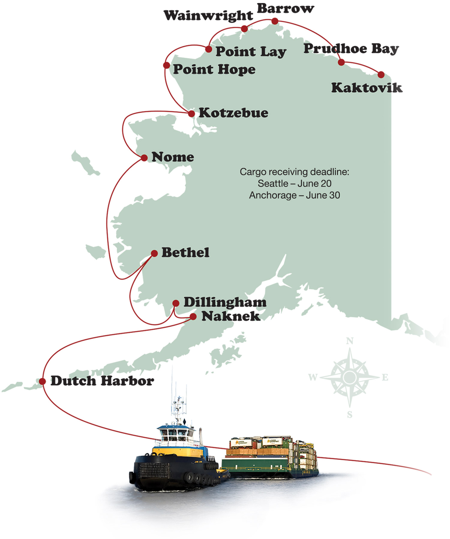 map illustrating Alaska Marine Lines shipping routes and locations