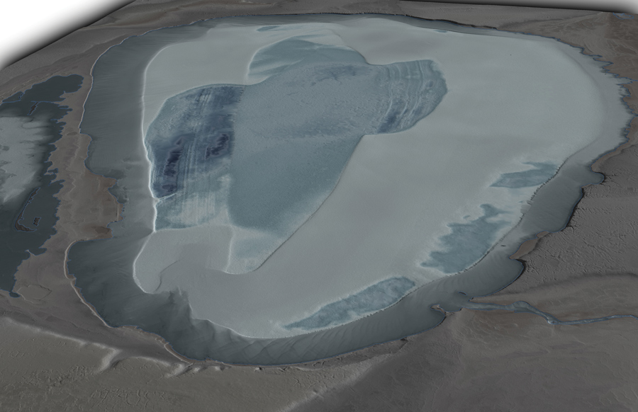 Bathymetric LIDAR of a lake, colored by elevation. Mapping ponds on the North Slope is important for sourcing water to build ice roads.