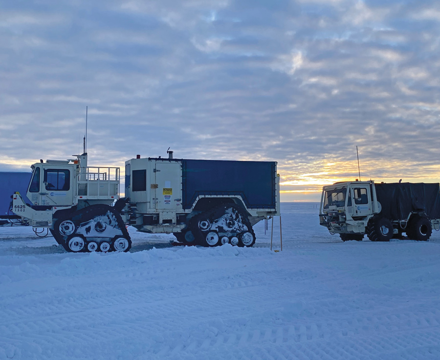The 40-ton vibrator vehicles not only transport geophysical crews across the frozen tundra but they generate the signals detected by an array of sensors.