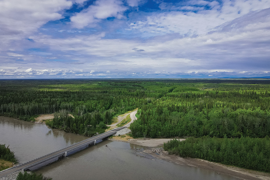 An aerial, landscape photograph view of The Totchaket Agricultural Project on state land near Nenana, Alaska