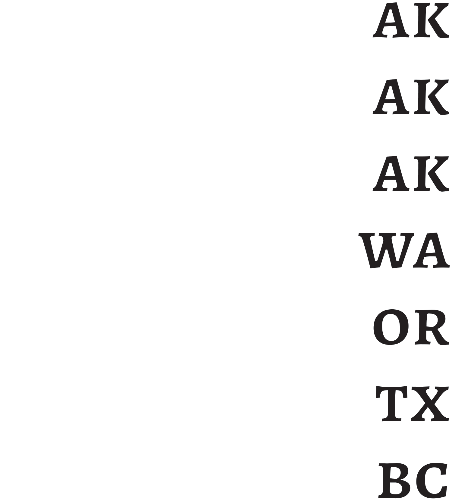 Anchorage AK, Palmer AK, Juneau AK, Seattle WA, Portland OR, Houston TX, Vancouver BC