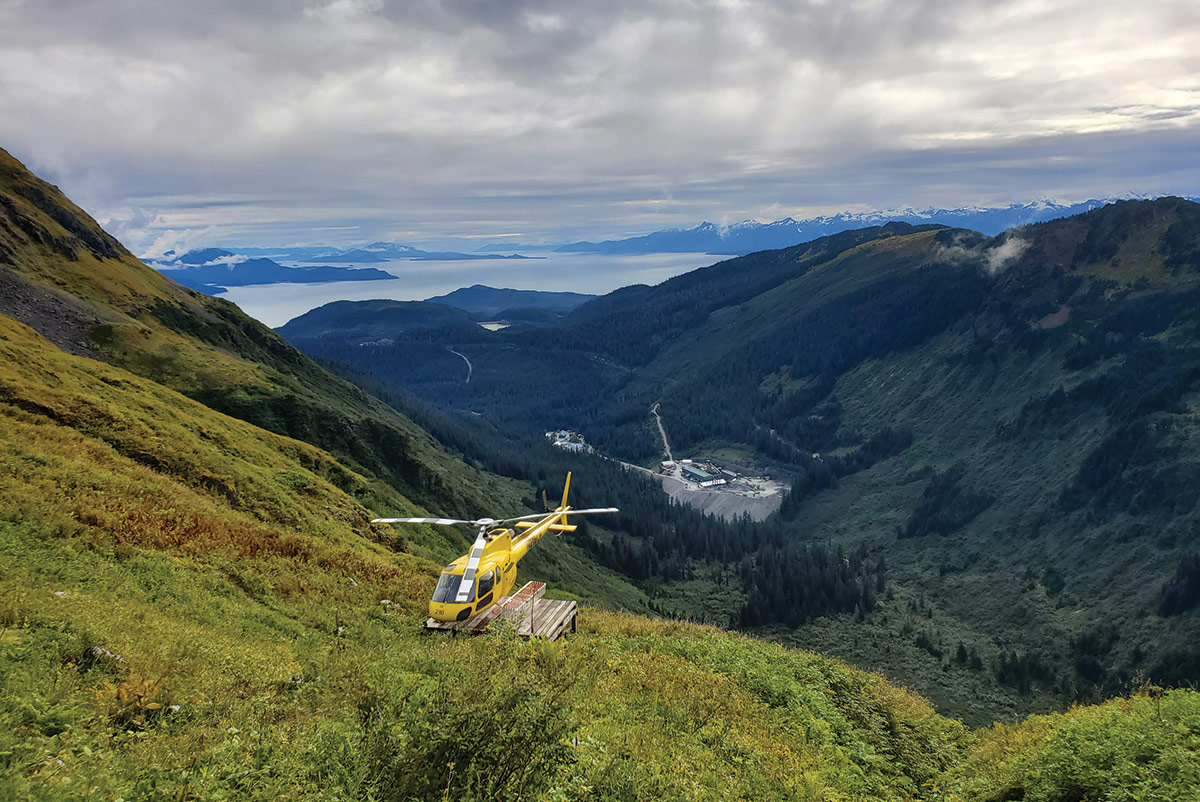 helicopter at the entrance to Coeur Alaska’s Kensington Mine