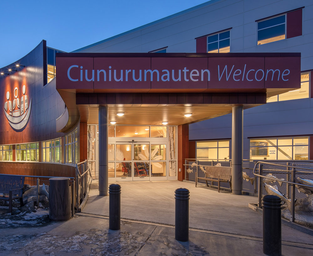 hospital entrance that says 'Ciuniurumauten Welcome'
