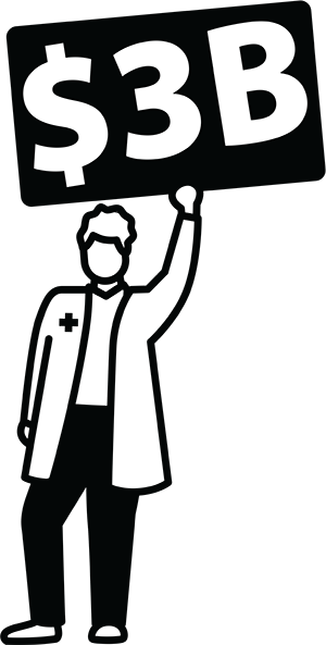 Doctor holding sign saying "$3B"