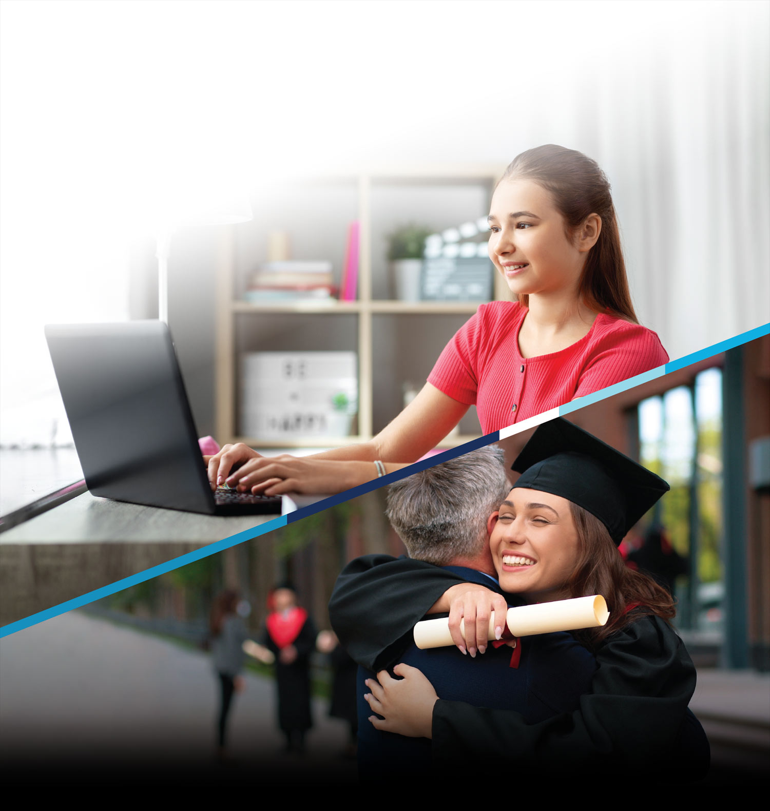 top: a little girl smiles while working on a laptop; bottom: the same little girl, grown up and hugging a family member at graduation
