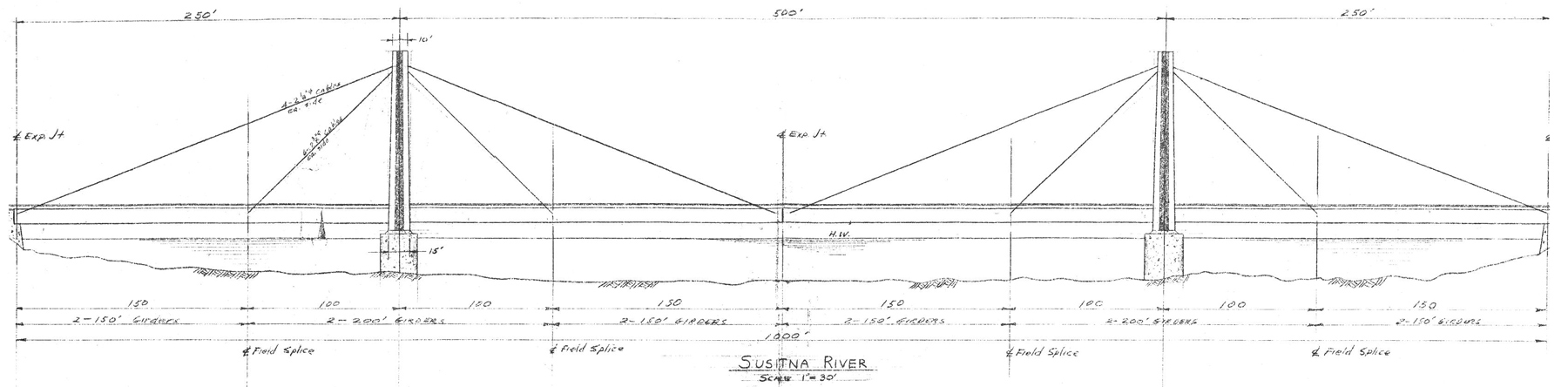 initial sketch and line drawing of Sitka's John O'Connell Memorial Bridge
