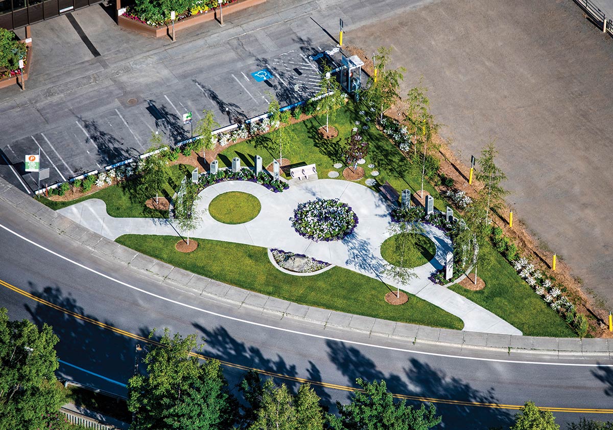 Landscape design considers not only the local flora suited to an outdoor space but also the traditional use of the space, such as quiet reflection at the Victims of Violent Crime Memorial at the corner of Third Avenue and L Street in Downtown Anchorage.