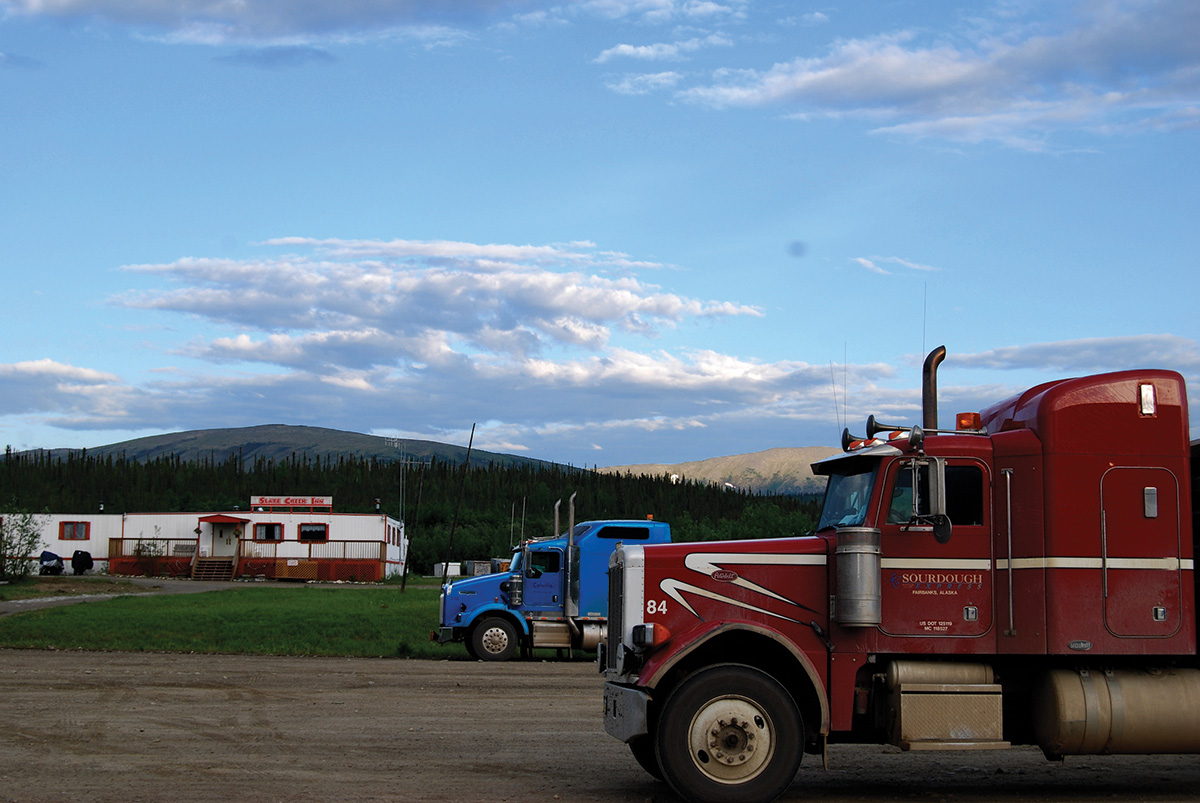 Trucks at Coldfoot heading north on the Dalton highway