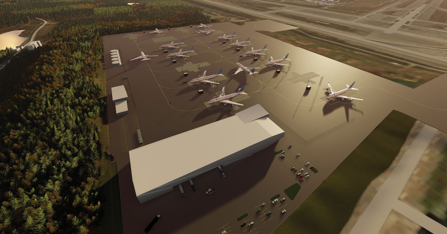 rendering of airplanes on airstrip