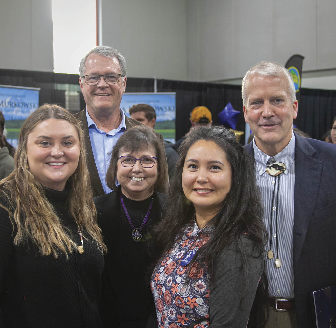 Representing the program at the AFN convention. Pictured from left to right: Kalani Tucker of Southcentral Foundation (a past graduate); John Nofsinger, Dean of the UAA College of Business and Public Policy; Sharon Lind; Francine Moreno of Alaska Native Tribal Health Consortium (a past graduate); and US Senator Dan Sullivan. Sharon Lind