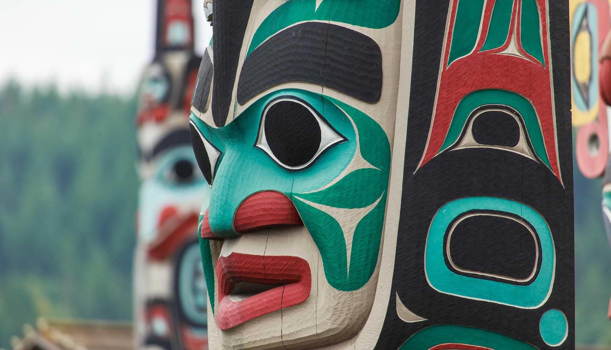 close up of a face on an Alaskan totem pole