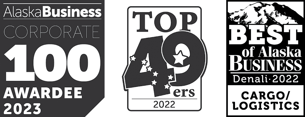 Corporate 100 Awardee badge, Top 49ers 2022 badge, Best of Alaska Business badge
