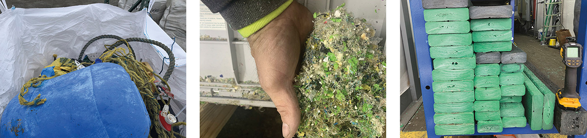 Ocean waste contains a mix of plastic types, which are all shredded and molded inside Alaska Plastics Recovery’s mobile processor.