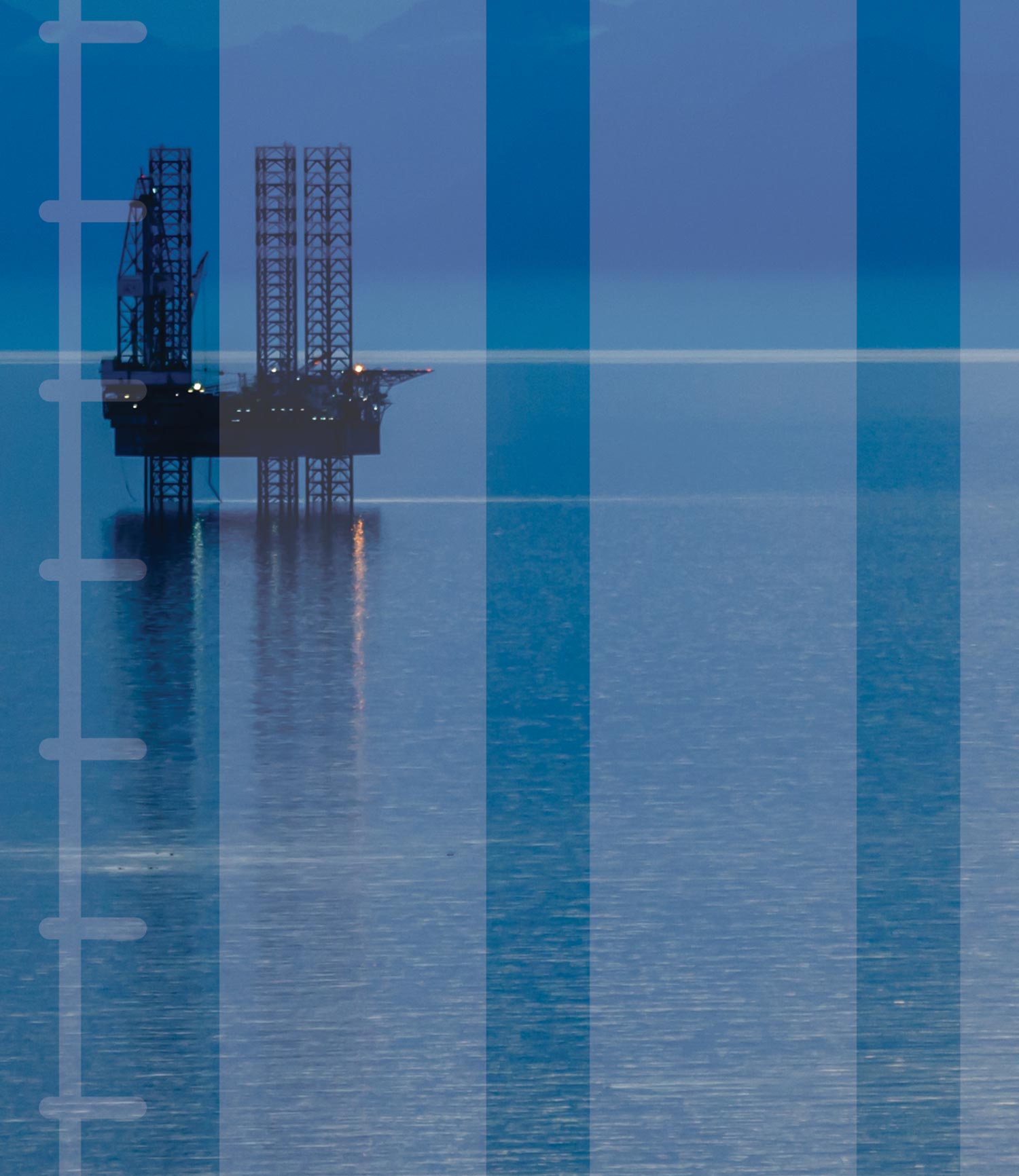 image of an oil rig in the distance masked by an oversized transparent bar graph