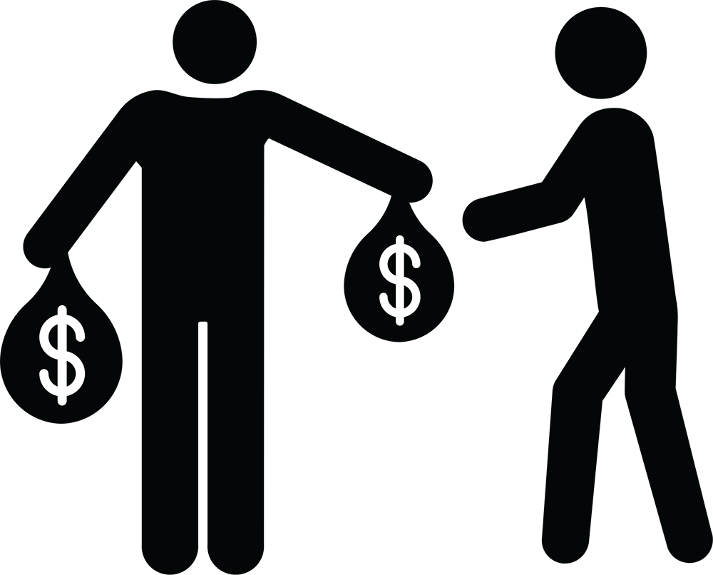 Figure holding bags of money giving one bag to another figure