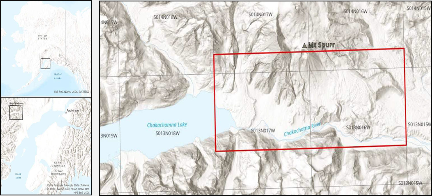 general reference terrain maps of the state of Alaska, the central Cook Inlet region and Mt. Spurr including Chakachamna Lake and Chakachatna River