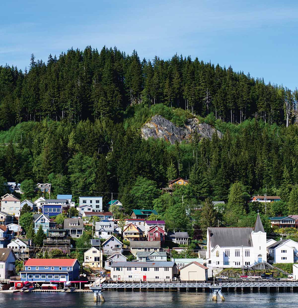 Portrait photograph of group of houses situated nearby a body of water and top of a hillside with many green trees in the background in Saxman, AK