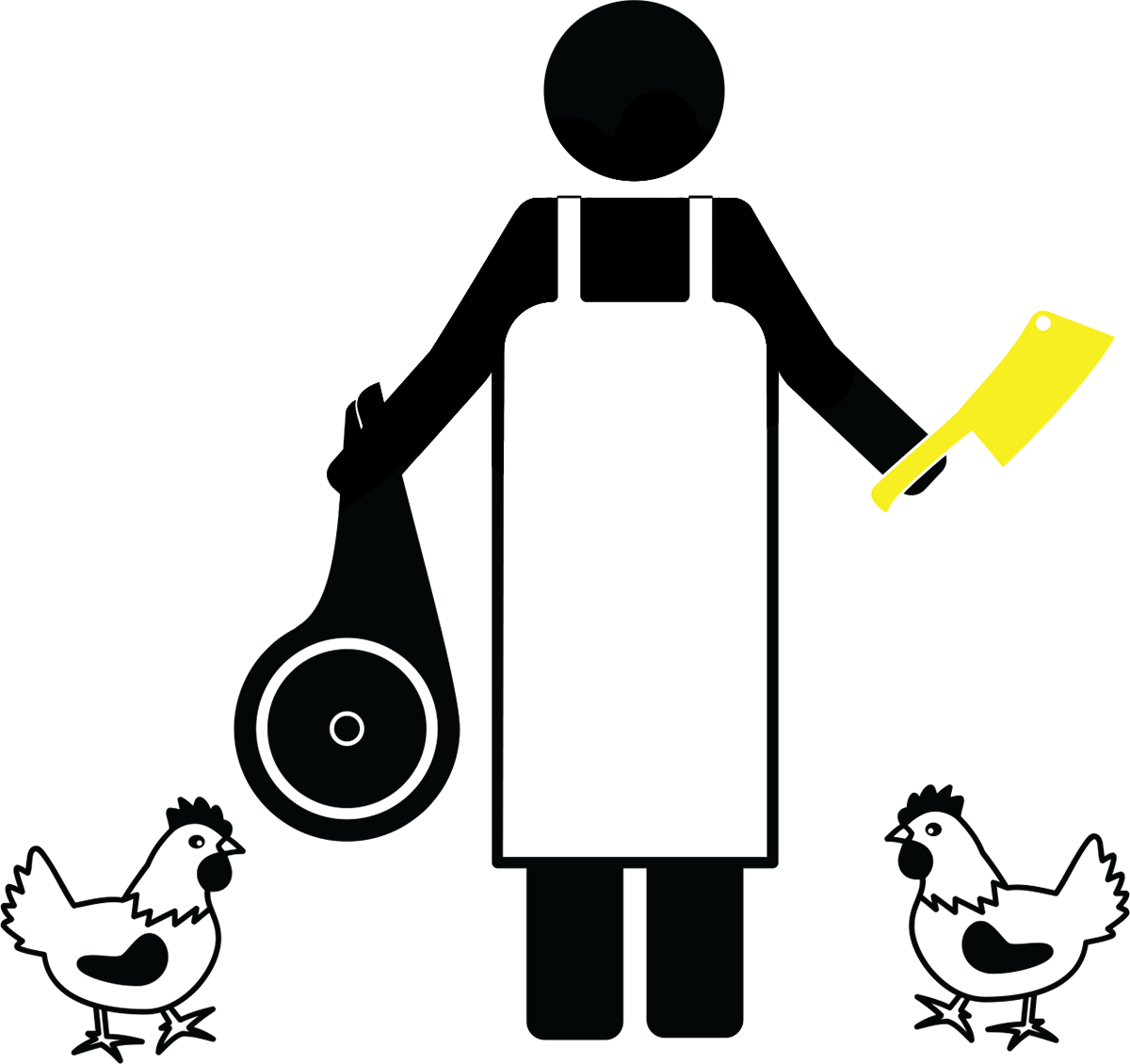 Vector image of butcher in apron holding cleaver and meat next to 2 chickens