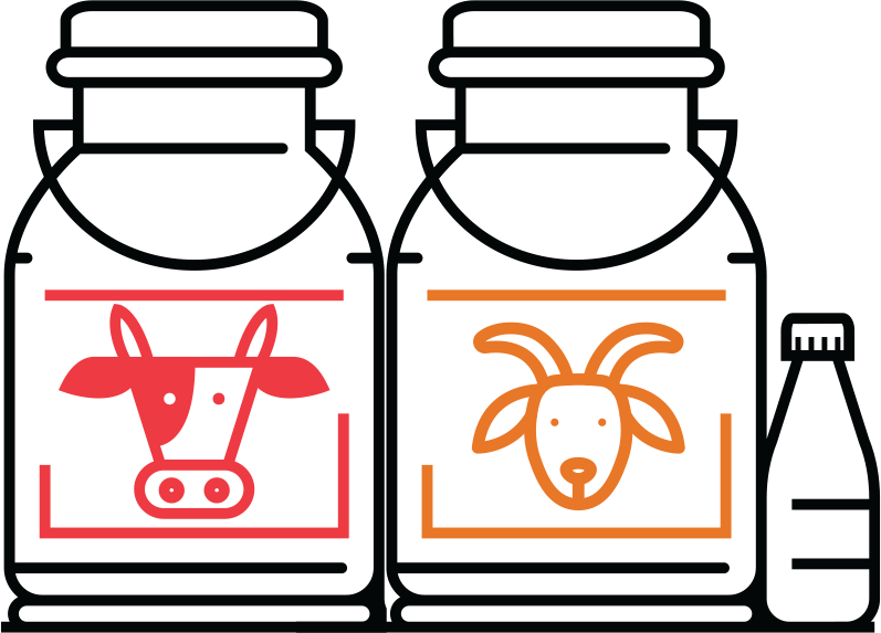 Vector image of cow and goat milk jugs