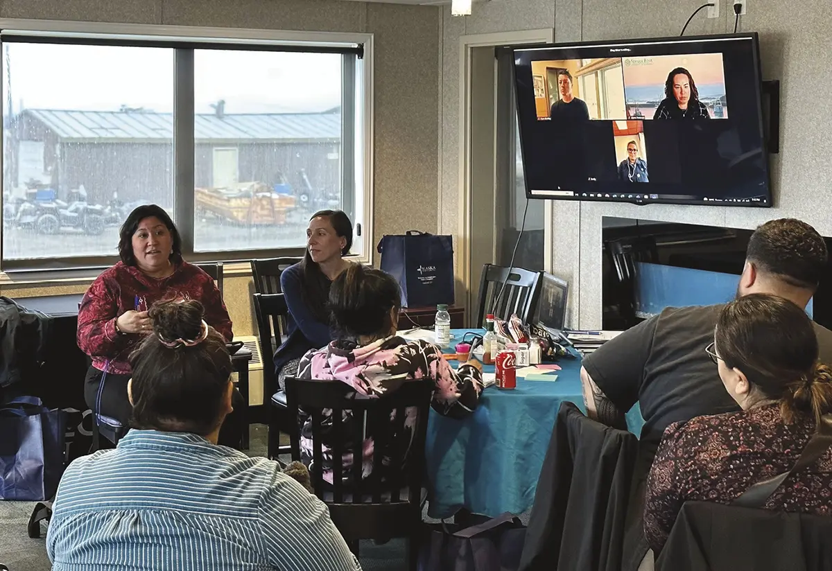 Mary Miner (center) invited Ukpeaġvik Iñupiat Corporation CEO Pearl Brower to advise a North Slope Marketplace training cohort at the Top of the World Hotel in Utqiaġvik.