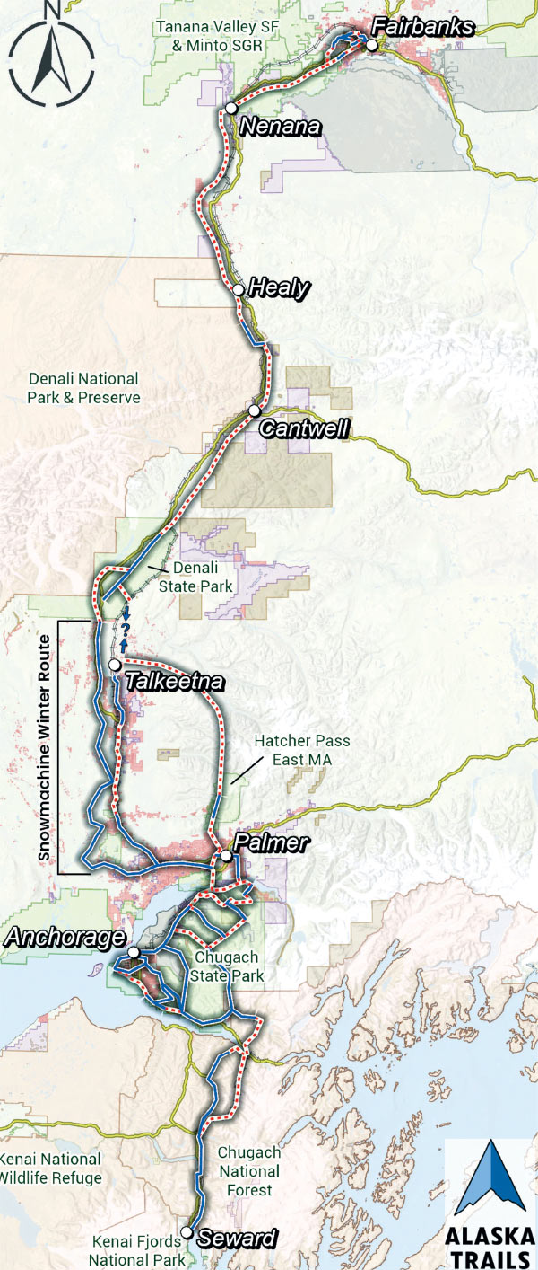 Vertical descriptive route map area of the Alaska Trails topography with state/national park names, town names, a body of water, and a northward compass direction icon shown on the pathways