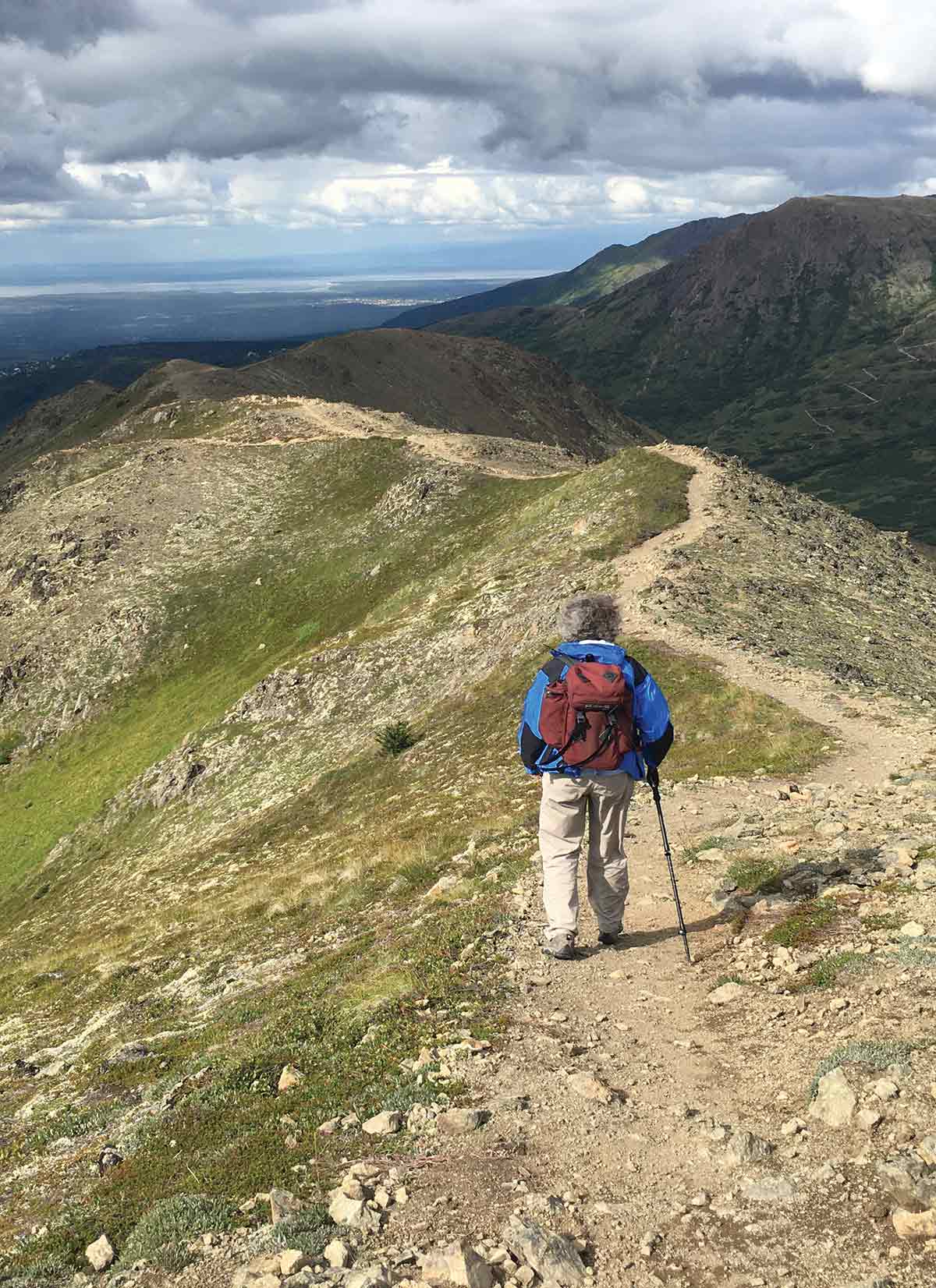 Portrait photograph of a man in a blue/black puffy jacket, red hiking backpack, tan colored cargo jeans, and a hiking pole seen hiking near Anchorage in the Chugach State Park on an overcast day