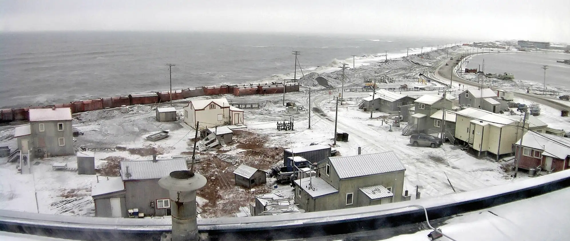 A webcam operated by the Sea Ice Group at UAF shows bunkers and piles of dirt placed along the shoreline to protect Utqiaġvik during stormy weather on October 8. The group archives images of ice formation and melt.