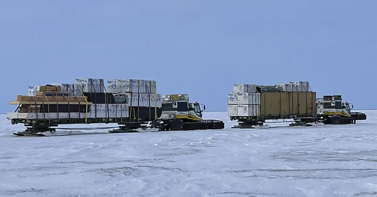 Three PistenBully Snowcats hauled materials and equipment across the tundra last April for the Point Lay housing project.